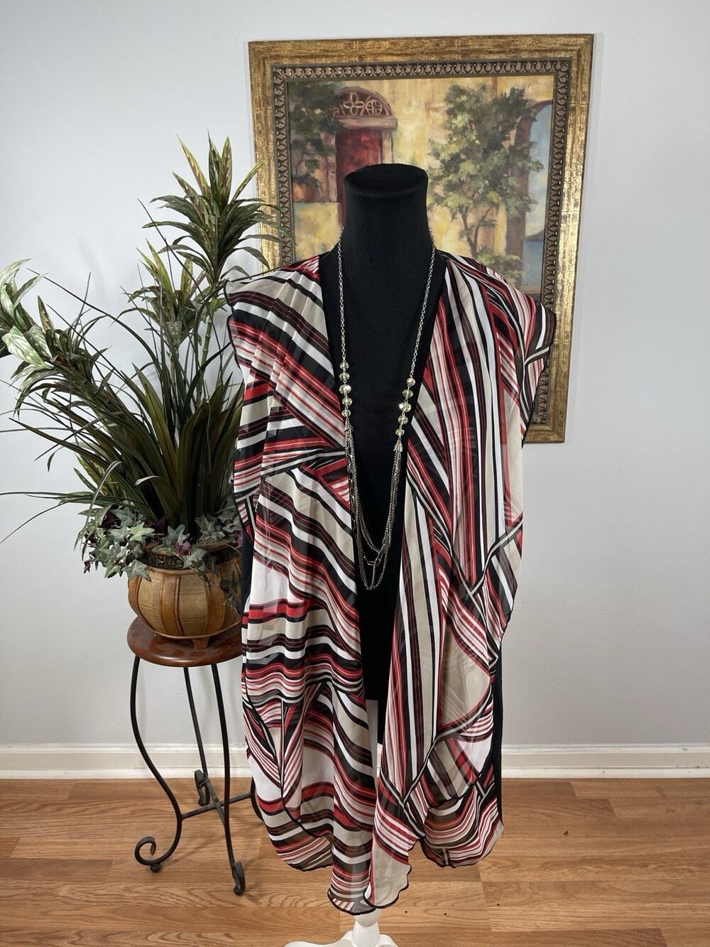 Chico's Size 3 Black Red Striped Open Front Drape Vest Cardigan Overlay Top